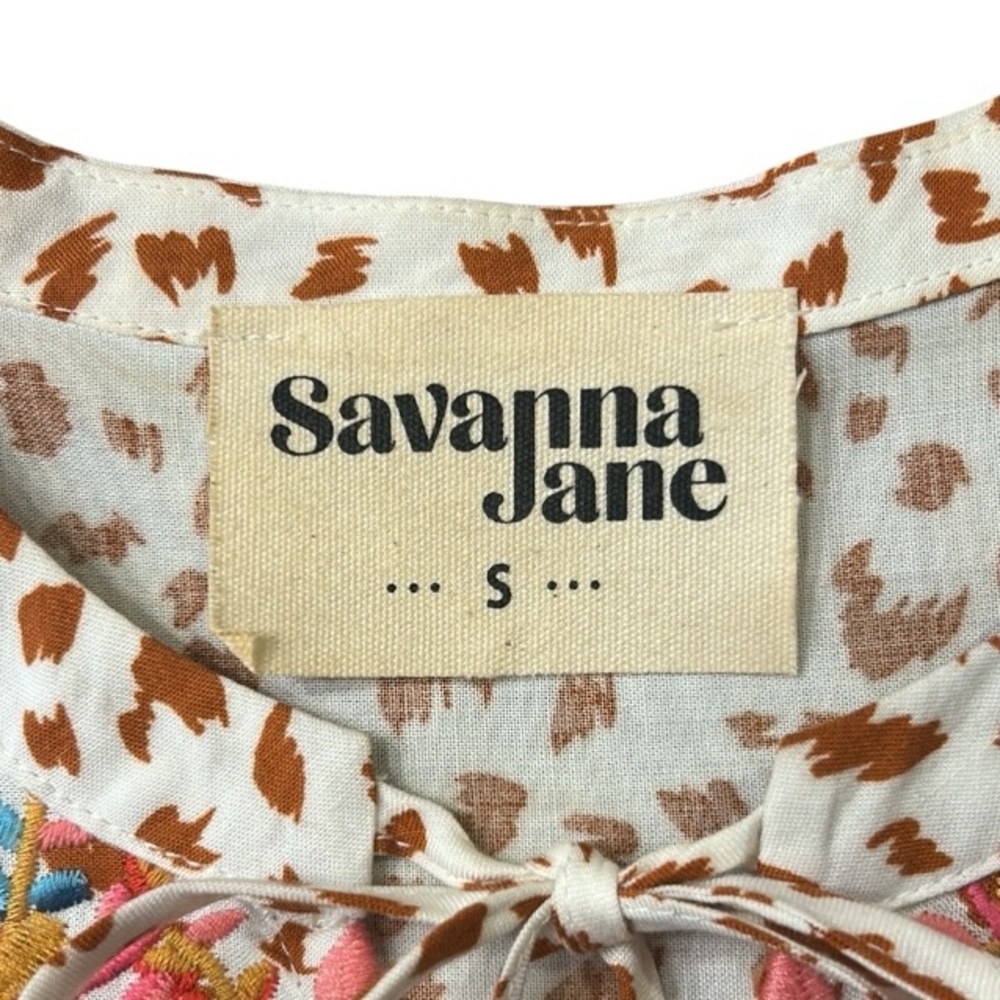 Savanna Jane Boho Embroidered Short Sleeve Tassel Tie Top Size Small - Picture 5 of 12